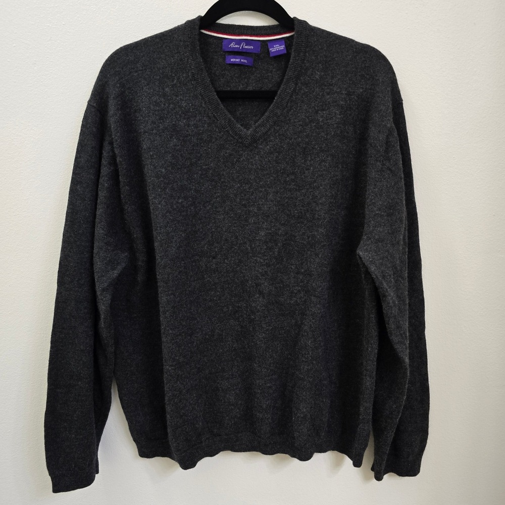 Alan Flusser Mens XXL Charcoal Gray 100% Merino Wool V-Neck Sweater Classic Knit